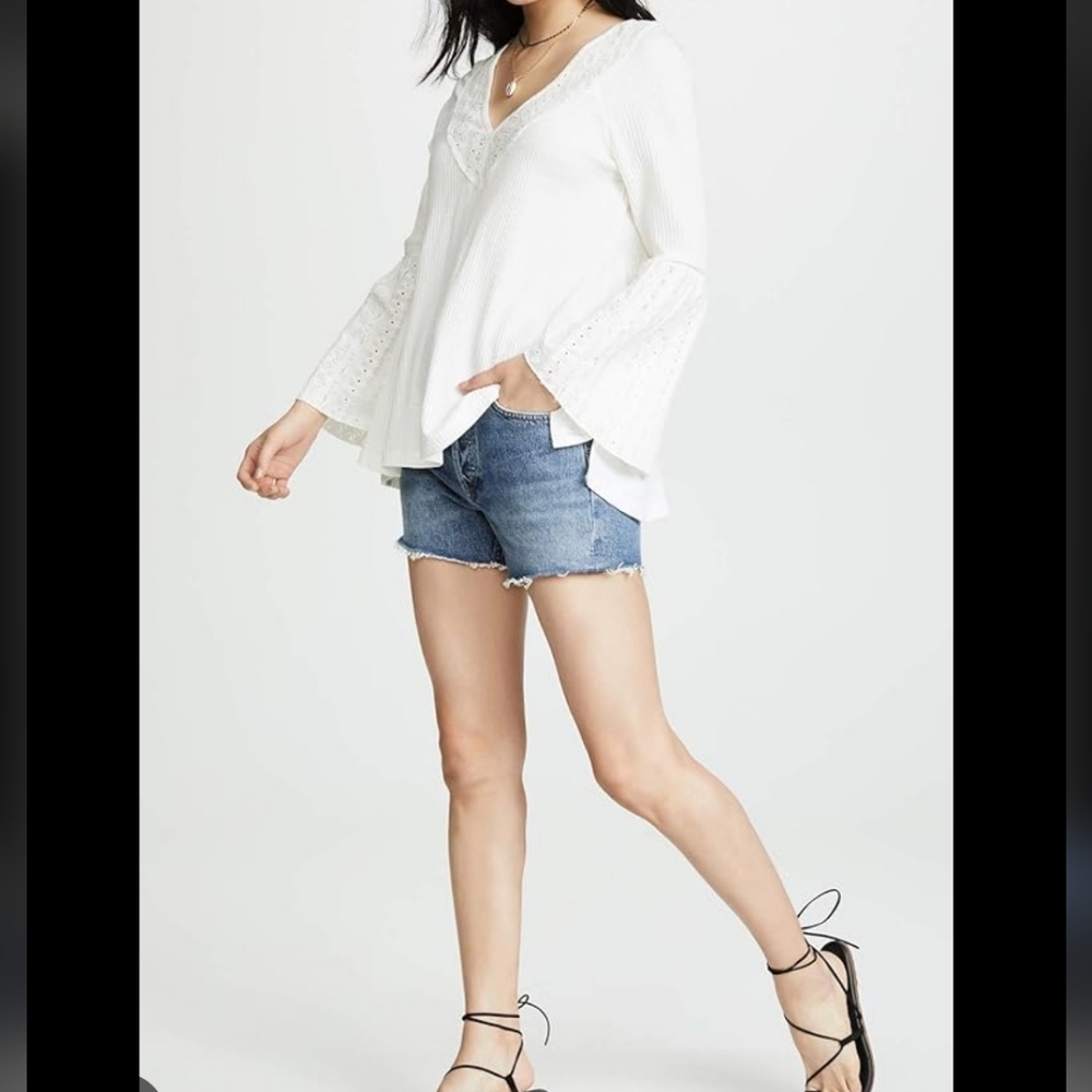 Free People Parisian Nights Eyelet Bell Sleeve  Boho Top  M